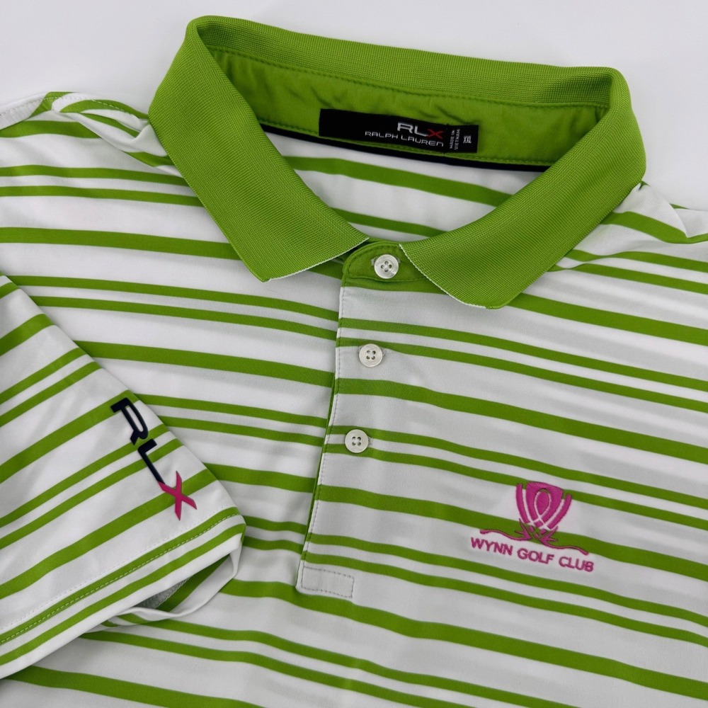 RLX Ralph Lauren Polo Shirt Mens XXL Green White Striped Wynn Golf Club Stretch